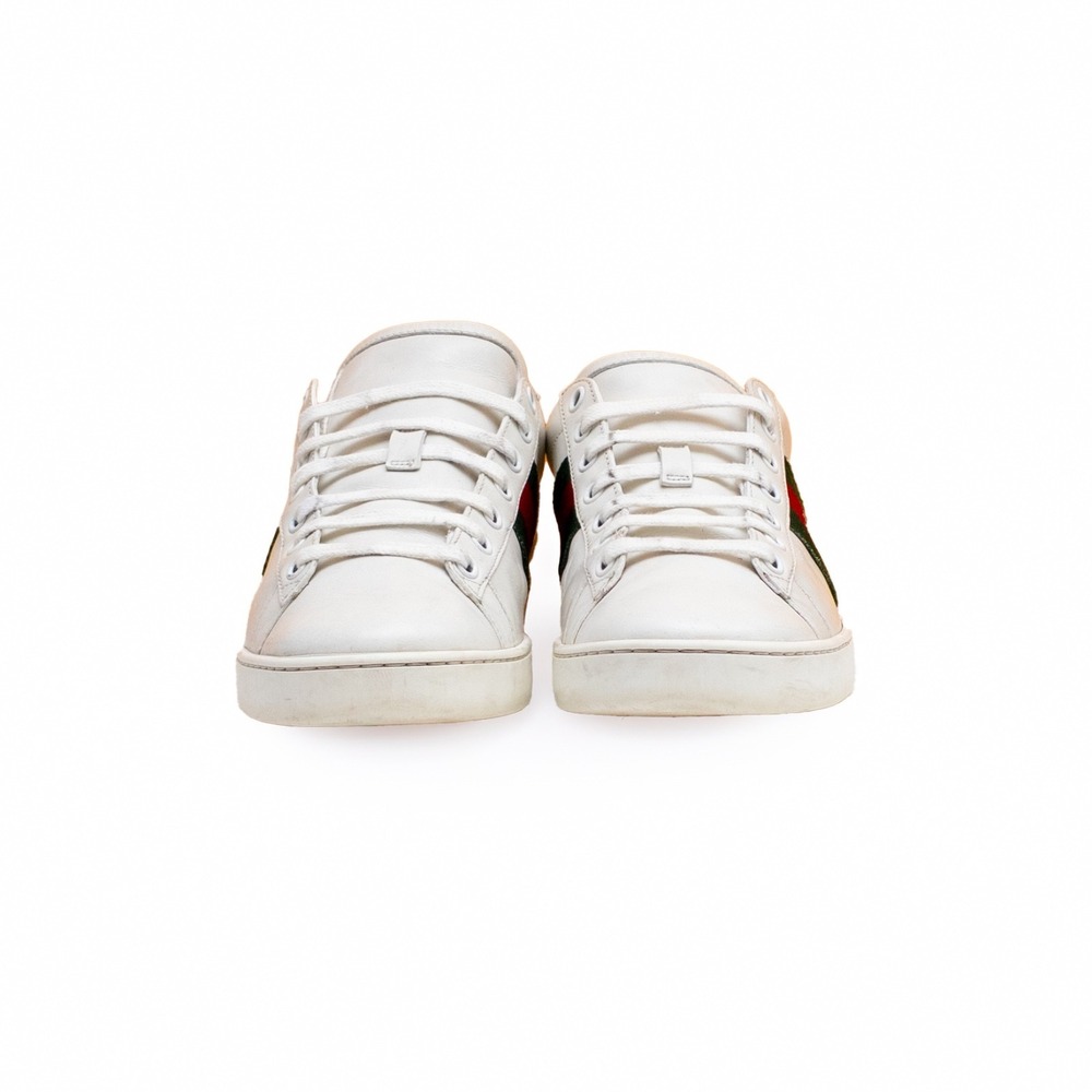 Gucci White Leather Low-Top Sneakers with Green and Red Web and Gold Bee - Picture 5 of 15